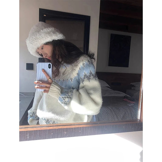 Print Sweater Japanese Harajuku Oversized Knitted Pullovers Winter Aesthetic Long Sleeve Jumpers Korean Knitwear