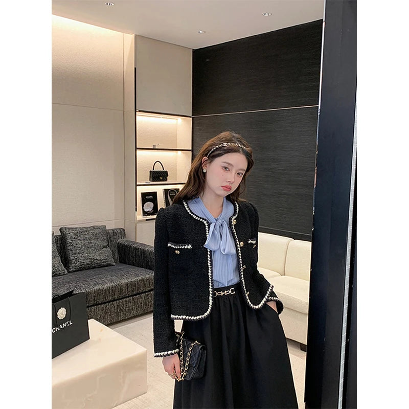Cropped Tweed Jackets Black Thicken Coat Korean Single Breasted Blazer Warm Short Outerwear Tops