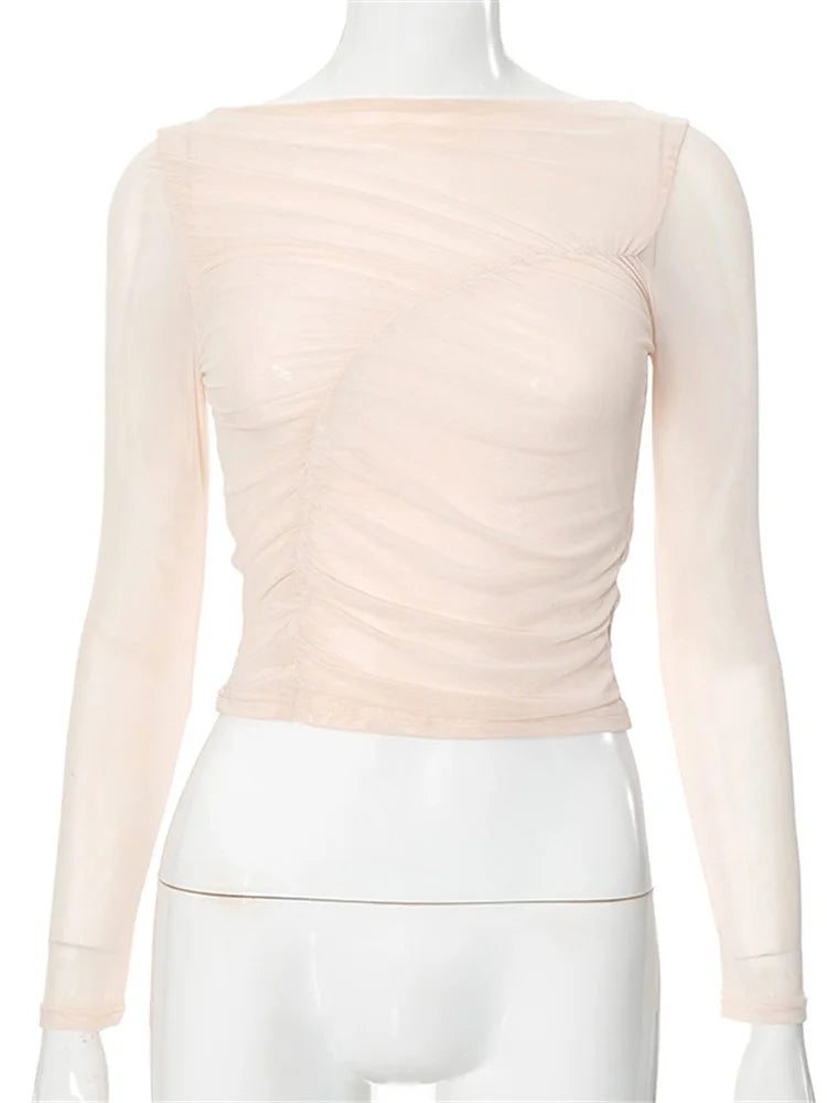 Summer See-through Mesh T-shirt Top Pleated Patchwork See-through Slim Cropped Top Tee Female T-shirt Pullover