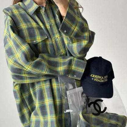 Summer Oversized Plaid Shirt Long Sleeve Loose Fit Blouse Autumn Female Office Shirt Tops for Woman