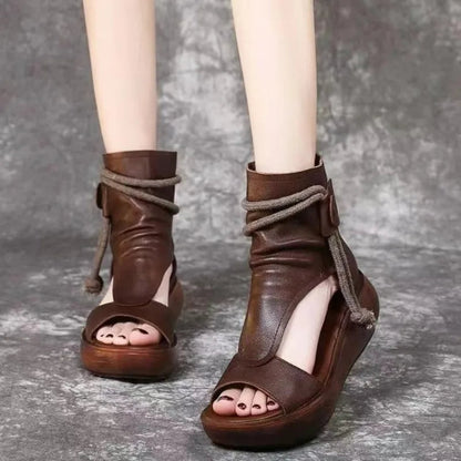 New Roman Shoes Summer Leisure High Top Elevated Slope Heel Cool Boots Soft Leather Thick Sole Fish Mouthsandals
