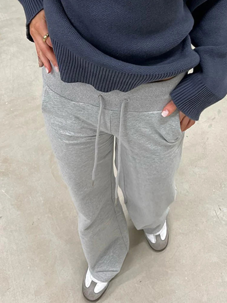 Gray Drawstring Waist Sweatpants Simple Basic Minimalist Fitness Joggers Straight Pants