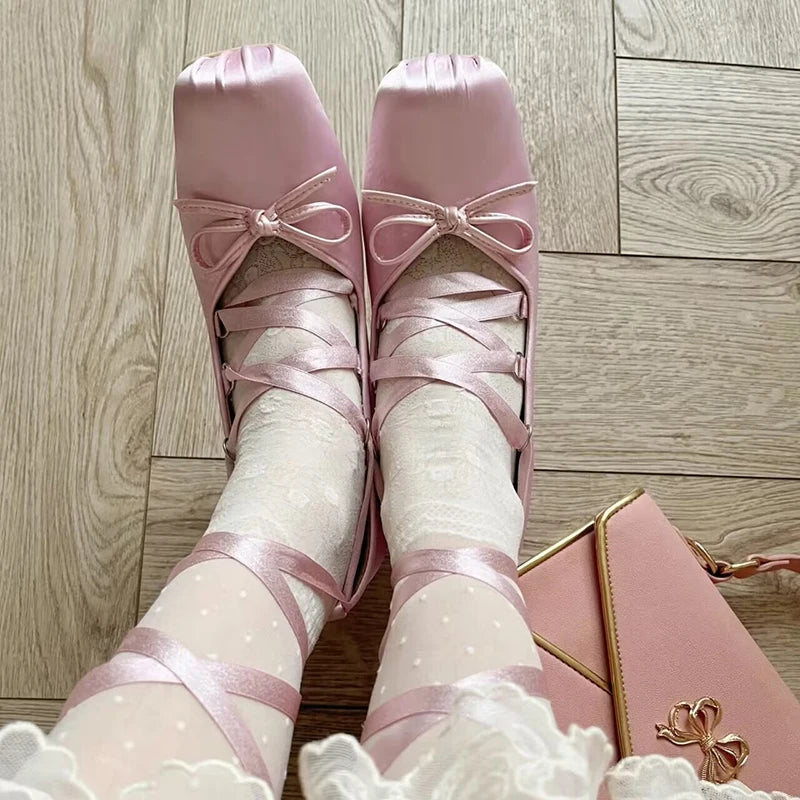 Silk Square Toe 9cm Heel Ballet Shoes Lace Up Pumps