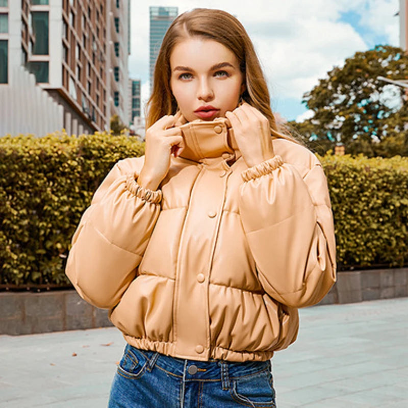 Winter Warm Thick Pu Leather Coats Short Parkas Black Cotton Padded Lady Down Jacket Zipper Clothes