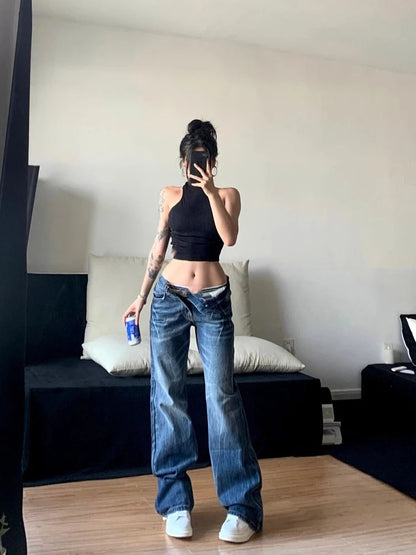 Korean Classical Jeans Straight Leg Simple Jeans Grunge Harajuku Blue Denim Pants Y2k Tide Aesthetic