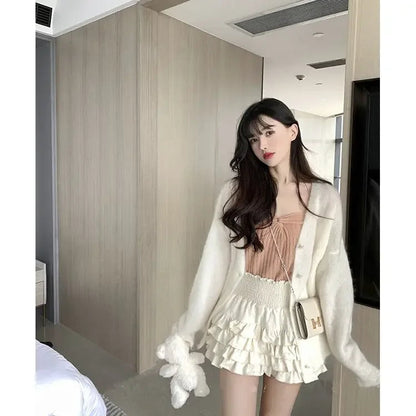 Creamysweet Creamy Girly Skirt With High Waist and Black and White Lace Puffy Cake Skirt