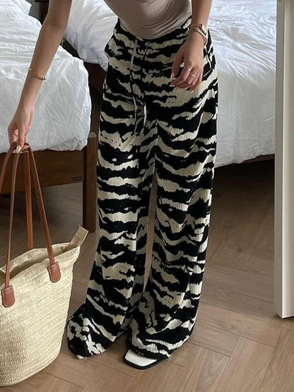 Zebra Stripe Knitted Straight Pants Drawstring Elastic Waist Loose Baggy Trousers Vacation Outfits