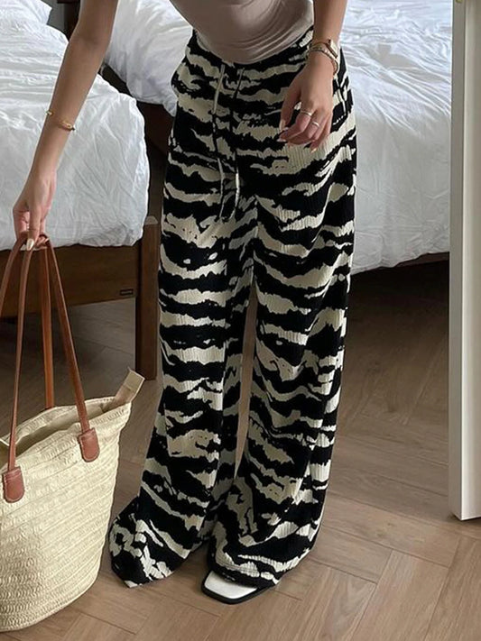 Zebra Stripe Knitted Straight Pants Drawstring Elastic Waist Loose Baggy Trousers Vacation Outfits