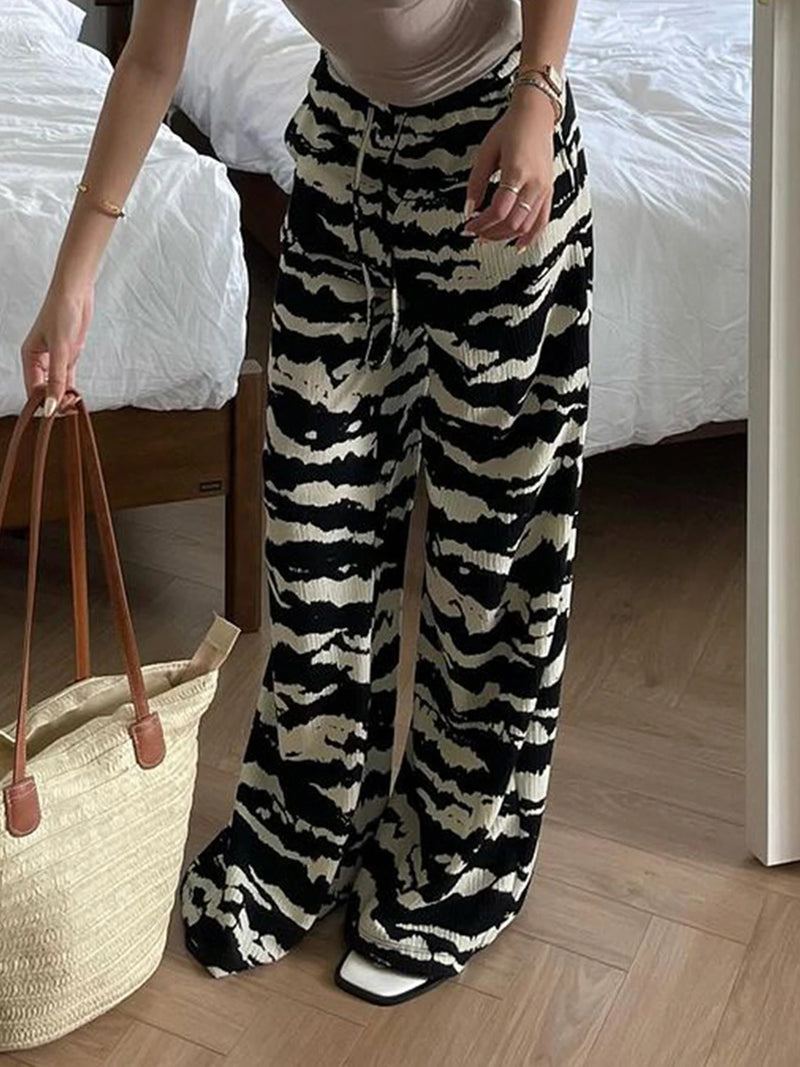 Zebra Stripe Knitted Straight Pants Drawstring Elastic Waist Loose Baggy Trousers Vacation Outfits