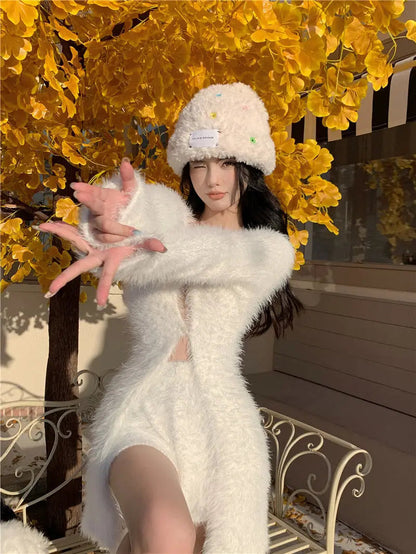Sweet Hot Girl Pure Suit Autumn Knitted Cardigan High Waisted Slim Fit Shorts Twopiece Set Female Clothes