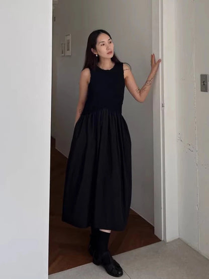 Long Dress Korean Summer Design Round Neck Pleated Texture Slim Fit Sleeveless Vest Vestidos