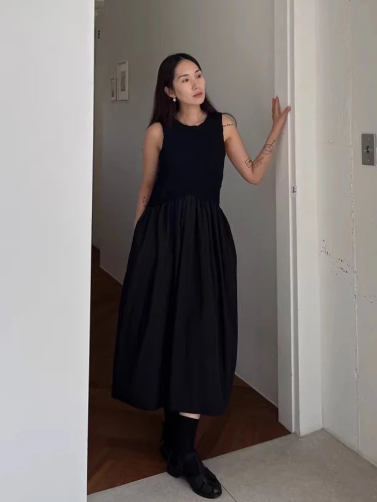 Long Dress Korean Summer Design Round Neck Pleated Texture Slim Fit Sleeveless Vest Vestidos