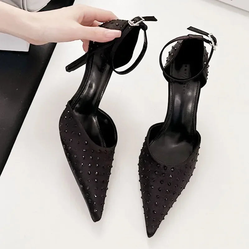 Rhinestone Pumps Pointed Toe Thin High Heels Ankle Strap Buckle Heeled Sandals Banquet Dress Shoes
