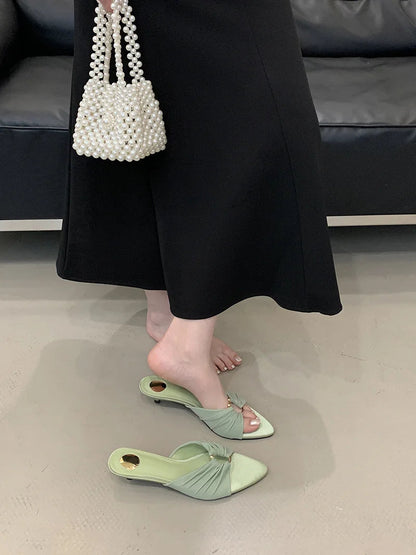 Pleated Silk Hollow Out Metal Buckle Slippers Sandal Summer Pointed Toe Low Thin Heels Beach Party Female Shoes