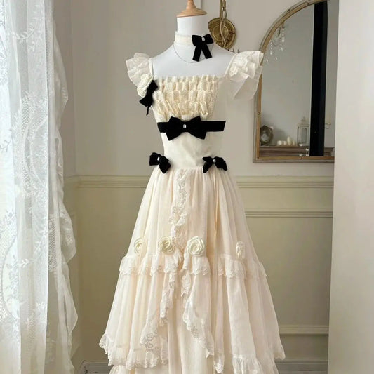 Summer New Korean Style Waist Cinched Slimming Fairy Cake Dress Bow Sweet Flying Sleeve Aline Long Dresses for