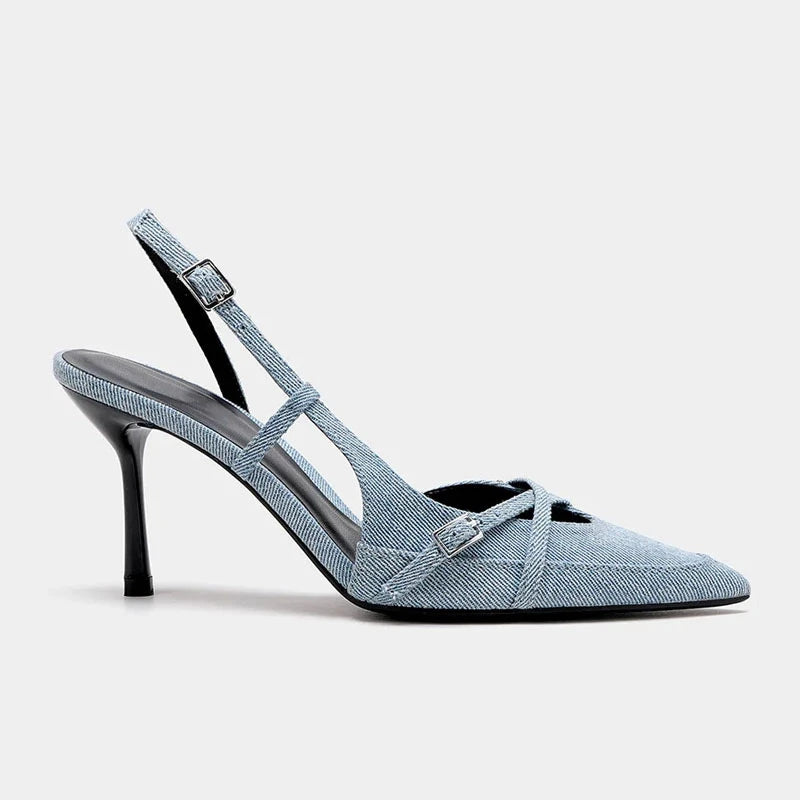 Blue Denim Fabric Slingbacks for Woman Cross Thin Buckle Strap Upper Stiletto Sandals Point Toe Thin Kitten Heel Pump