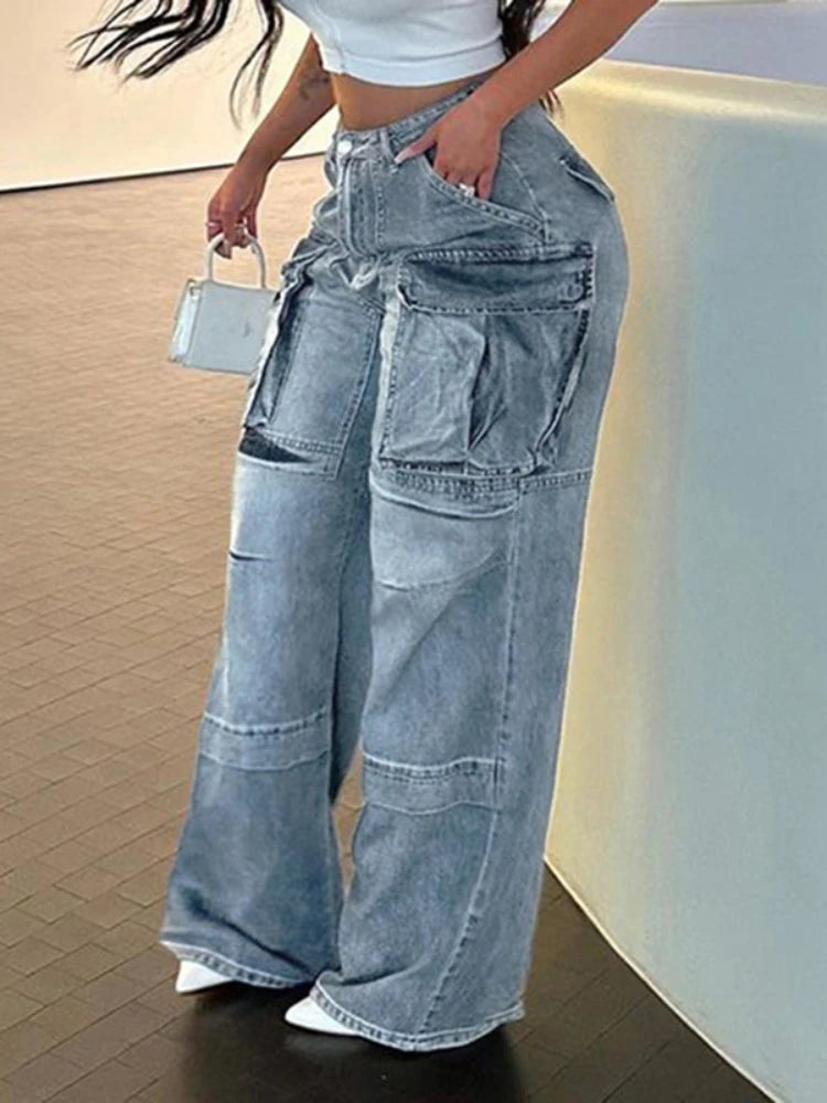 Pockets High Waisted Jeans Woman Autumn Winter Baggy Blue Cargo Pants Loose Denim Pant