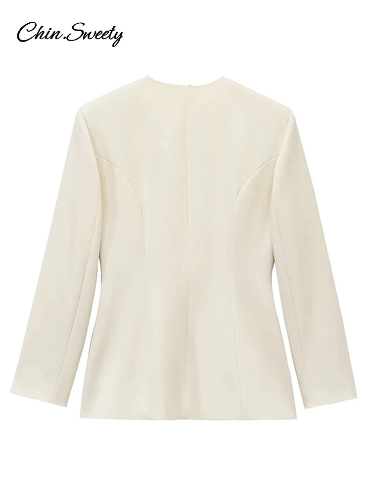Slim Belt Blazer Coat for V Neck Buckle Long Sleeve Suit Jacket Spring Lady Commute High Waisted Outwear New