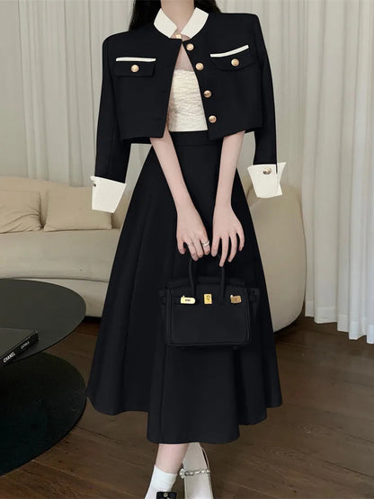New Small Fragrance Two Piece Set Short Jacket Coat + Long Skirt Suits Korean Ol 2 Piece Sets