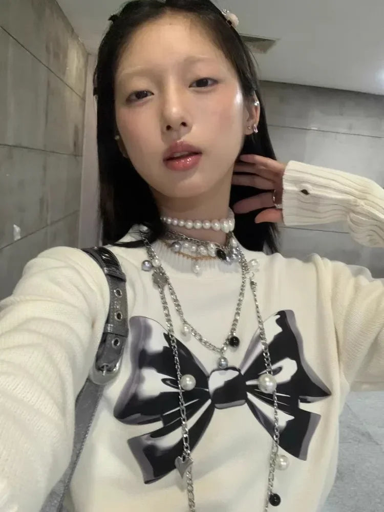 White Bow Graphic Sweater Half High Collar Kawaii Long Sleeve Knitwear Skinny Y2k Aesthetics Autumn Winter Clothes