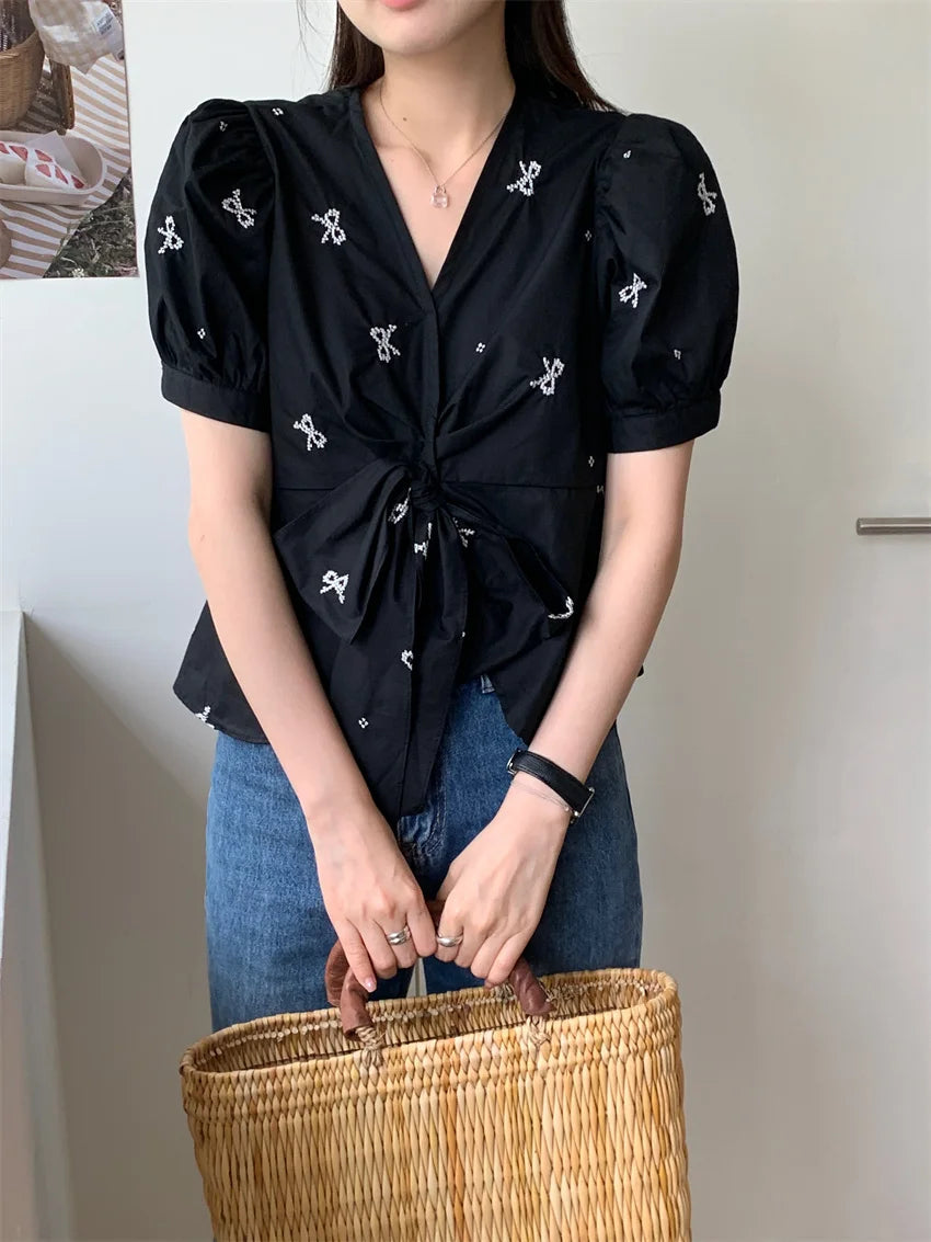 Stylish Vneck Sweet Blouses Summer Florals Half Sleeve Gentle Office Lady Slim Mujer High Street