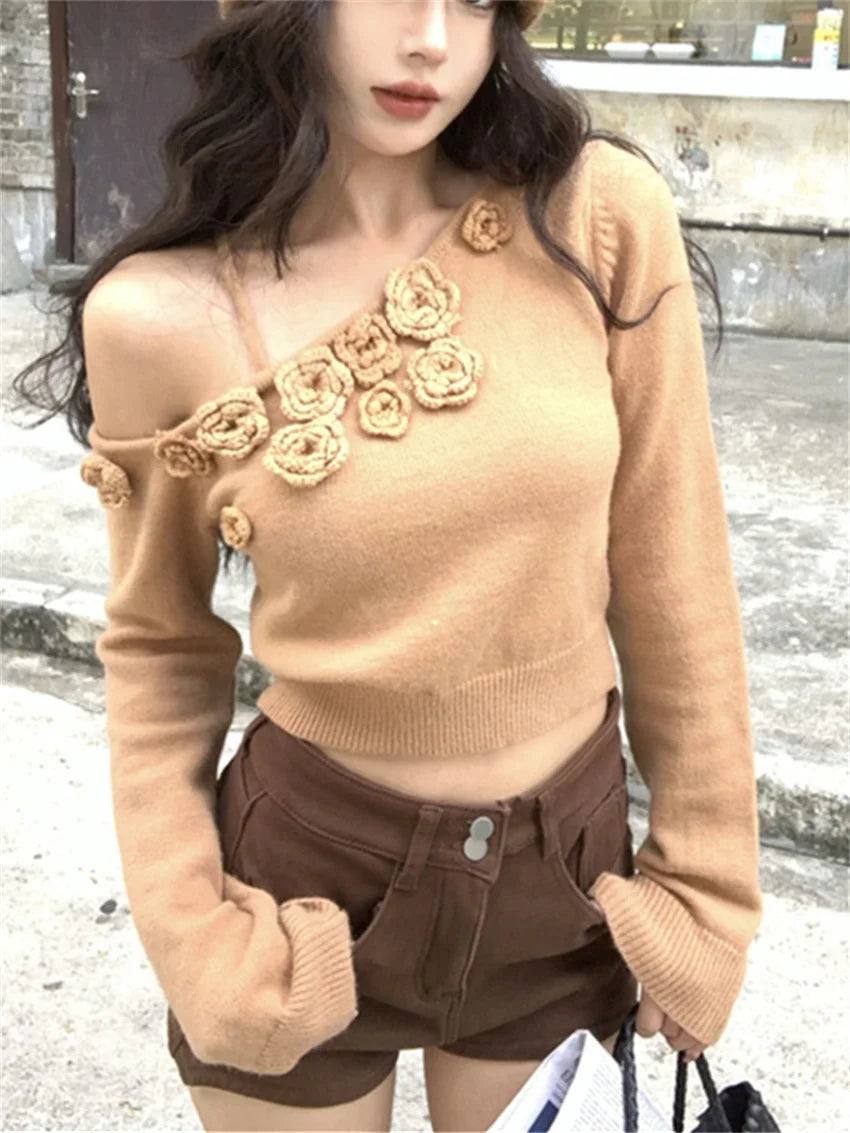 Roses Sweet Sweaters Ol Knitwear Loose Off Shoulders Pullovers All Match Ol Winter Gentle