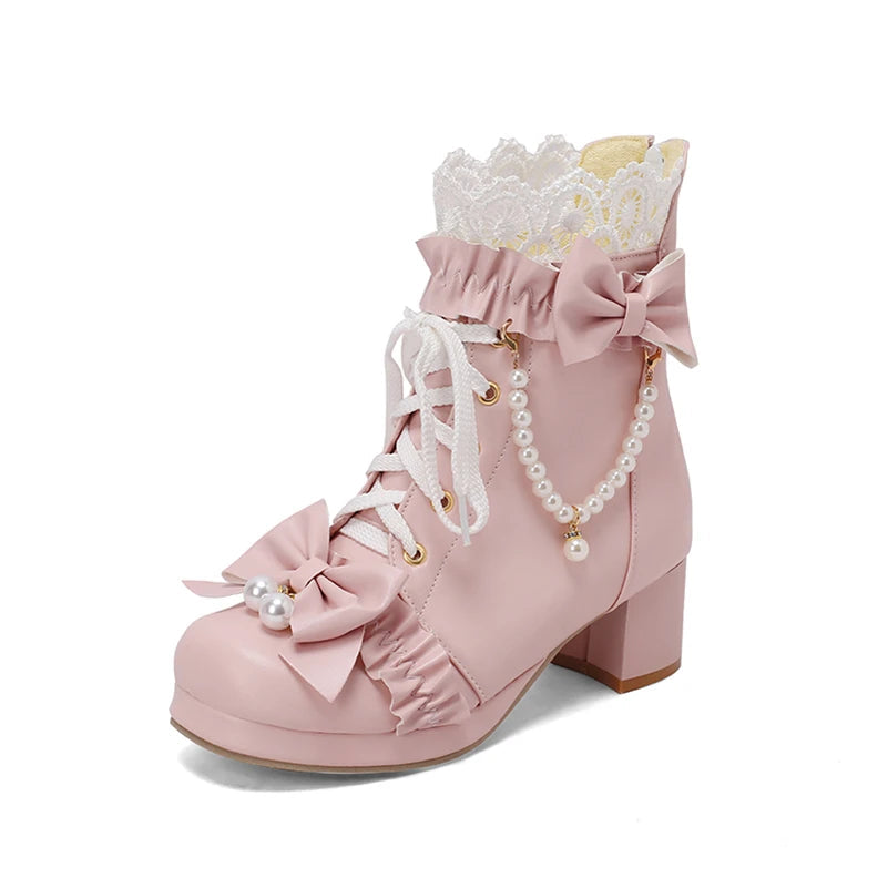Lolita Ankle Short Boots Round Toe Kawaii Thick Mid Heels Zipper Bead Bow Laceup Lady Cosplay Shoes Autumn Winter