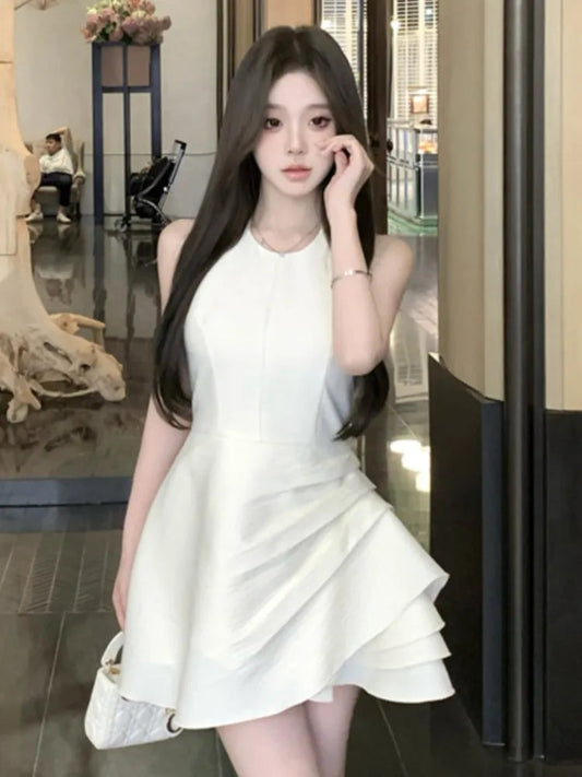 Halter Irregular Jumpsuit Dresses Sweet White Backless Birthday Party Mini Dress Female Pleated Aline Short Vestidos