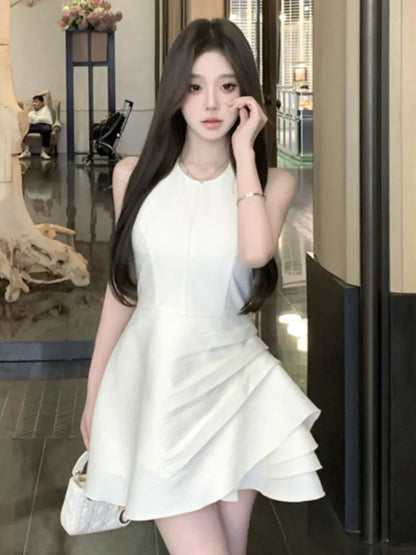 Halter Irregular Jumpsuit Dresses Sweet White Backless Birthday Party Mini Dress Female Pleated Aline Short Vestidos