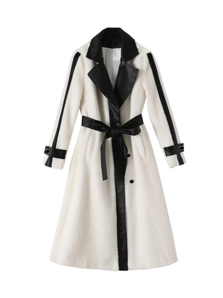 Autumn Winter Woolen Coat Patchwork Long Jackets With Belt Lapel Korean Female Outerwear New Soft Overcoat