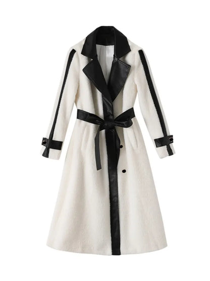 Autumn Winter Woolen Coat Patchwork Long Jackets With Belt Lapel Korean Female Outerwear New Soft Overcoat