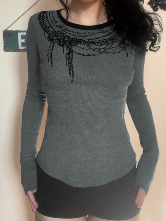 Chain Print O-neck Long Sleeve Blouses Gothic Punk Autumn Basic Top Tees