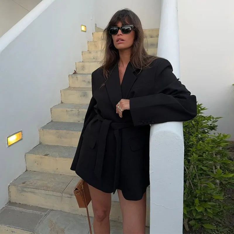 Loose Waist Cinching Belt Full Sleeve Jacket Female Tailored Coat Retro Lapel Suit Jackets