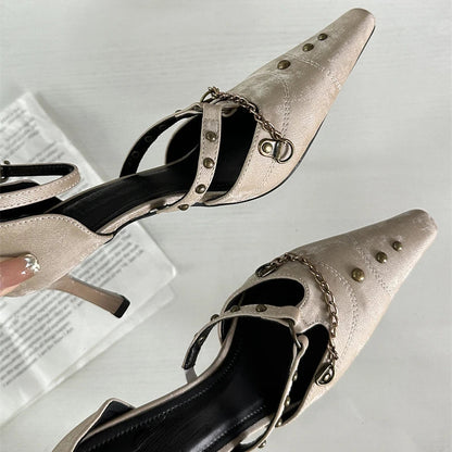 Retro Rivets Metal Chain High Heels Thin Heel Party Dress Shoes Office Shoes Pointed Toe Pump Sandals