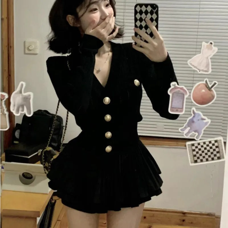 Autumn Korean Knitted Two-piece Skirt Set Single Breasted V-neck Sweater Mini Ruffles Skirt Y2k New Outfits