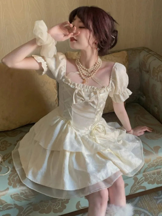 Sweet Mini Dress for Bow Puff Sleeve Princess Birthday Party Short Dresses Korean Laceup Aline Vestidos Mujer