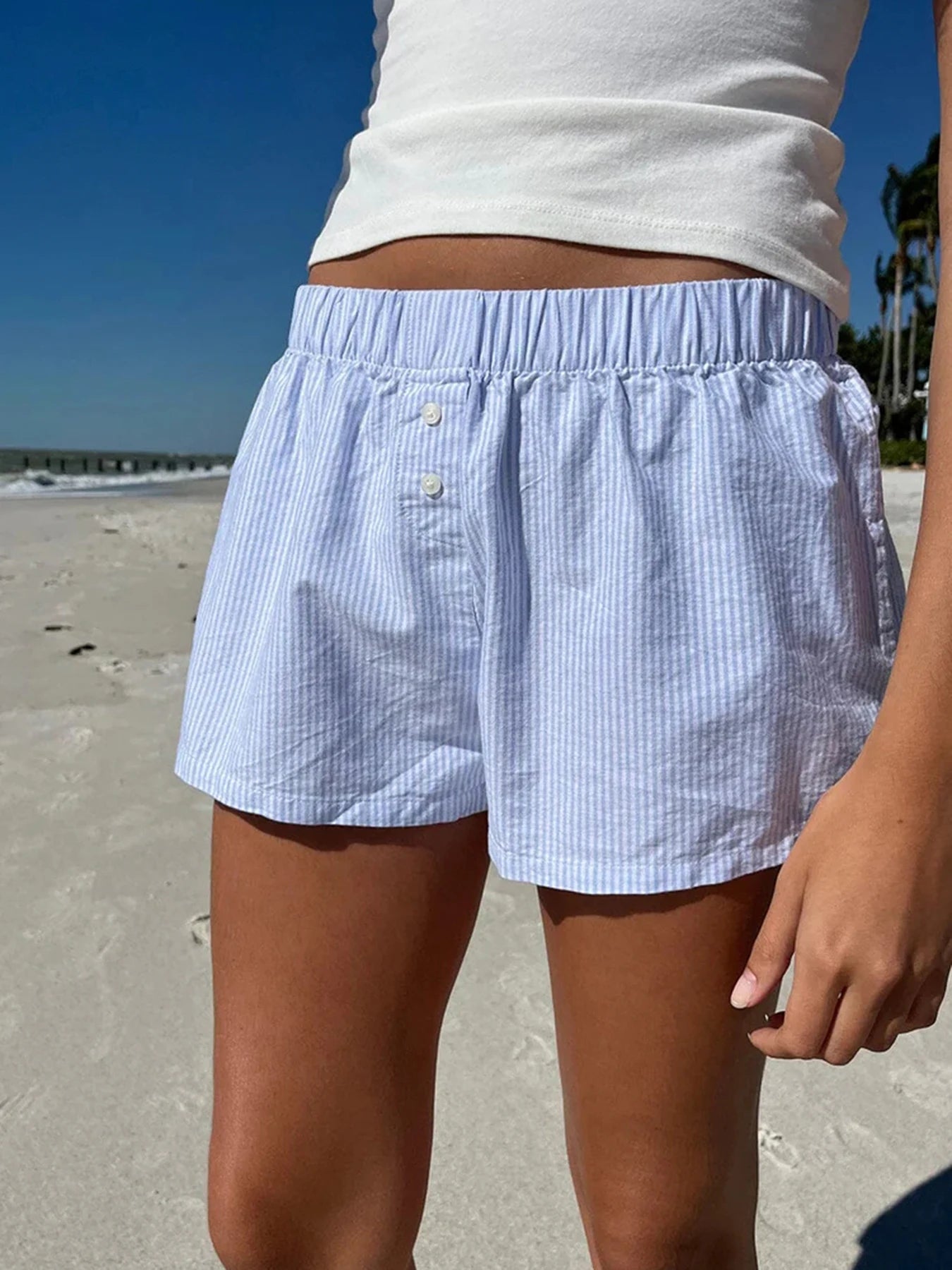 Loose Stripe Button Details Summer Shorts Vacation Beach Outfits