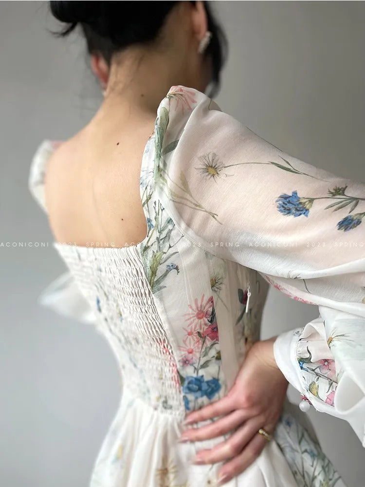 Vinatge Long Dresses Spring Summer French Aline Beach Dress Lantern Sleeve Evening Party Prom Robe Vestidos