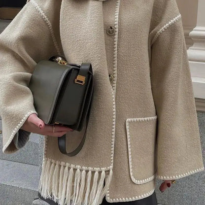 Loose Coat With Scarf Long Sleeve Pocket Single Breasted Female Coats Autumn Winter Lady Jacket