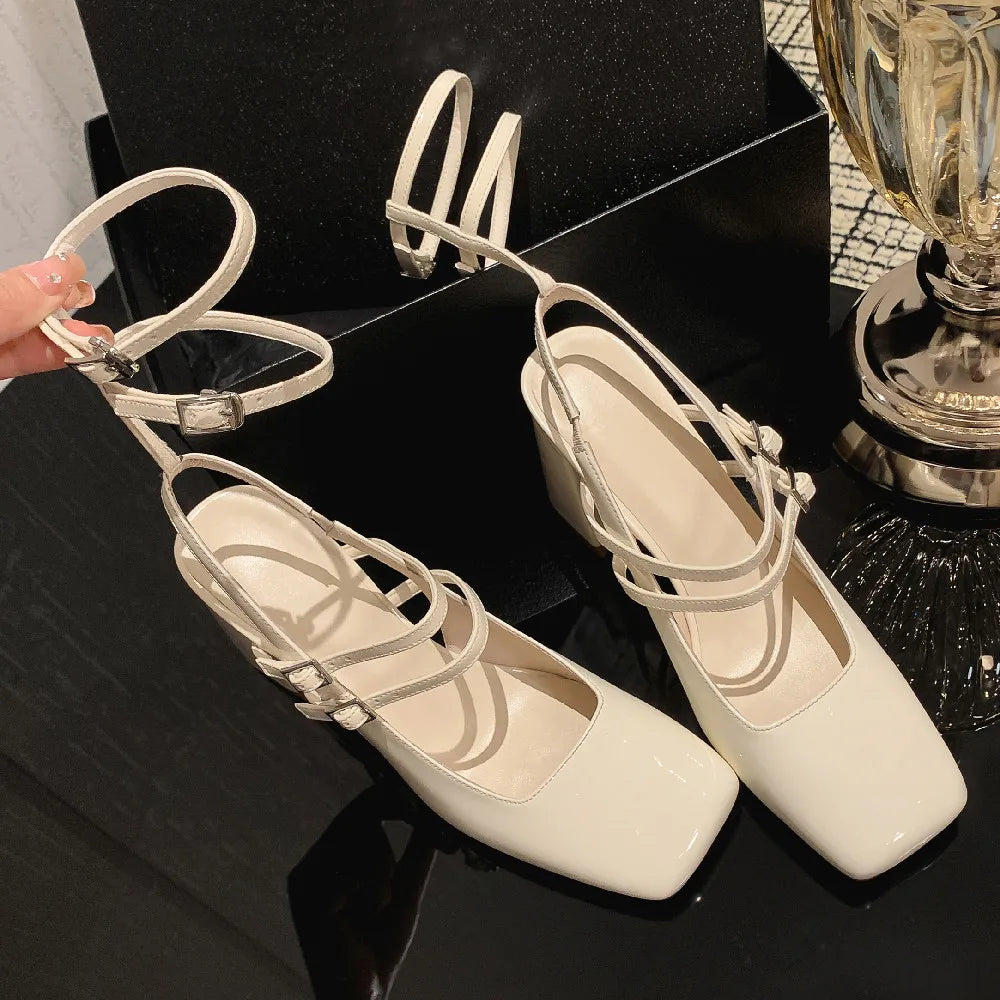 Genuine Leather Ankle Strap Sandals Square Toe 8cm Thick High Heel Summer Pumps Dress Shoes for Woman