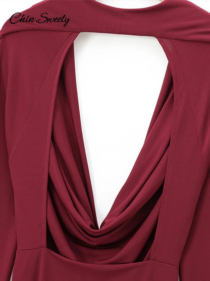 Hang Neck Burgundy Long Party Dress Halter Full Sleeve Maxi Dresses Autumn Lady Slim Hip Package Gowns New