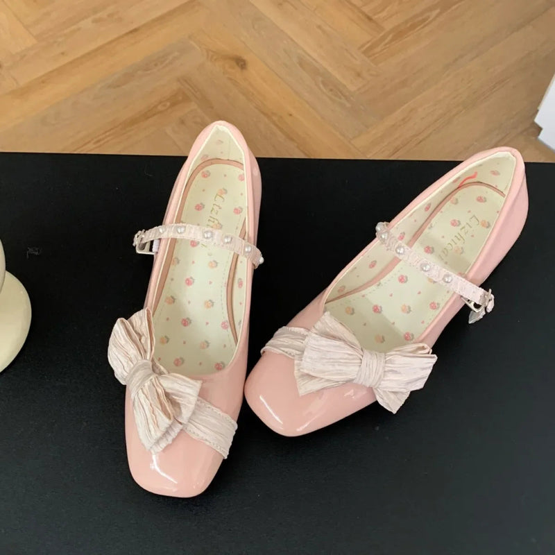 Butterflyknot Sweet Mary Jane Shoes Chunky Dress Shoes Shallow Designer Pumps Buckle Square Toe High Heels