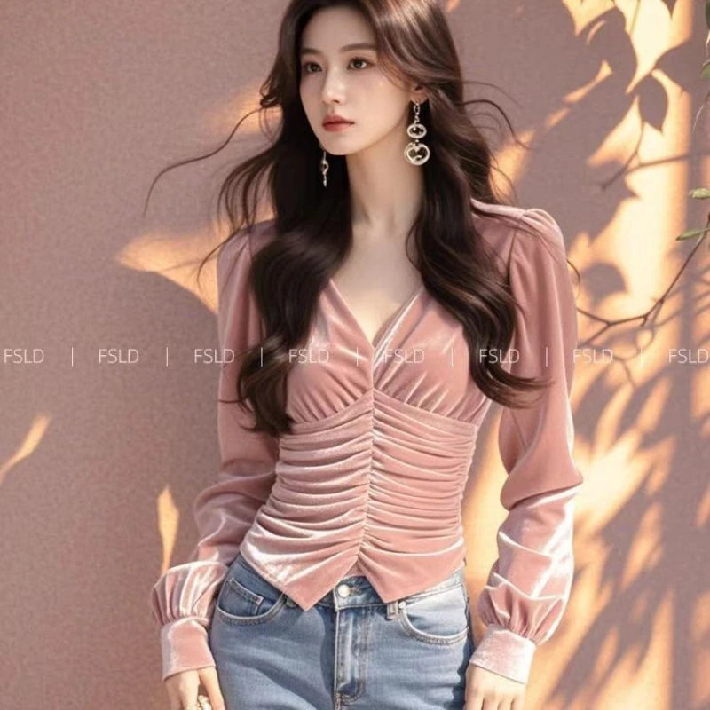 Velvet Long Sleeve T Shirt V Neck Lady Tee Youth Top Basic Blouse New