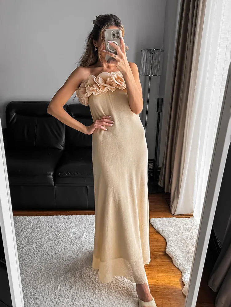 Summer Tube Long Dress 3d Flowers Decorate Strapless Dresses Female Sleeveless Slim Maxi Dress