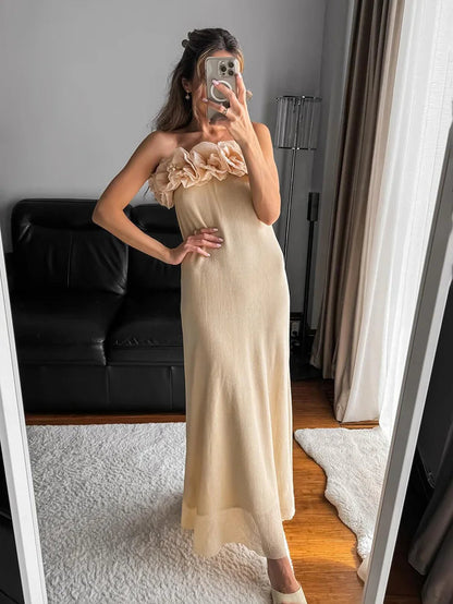 Summer Tube Long Dress 3d Flowers Decorate Strapless Dresses Female Sleeveless Slim Maxi Dress