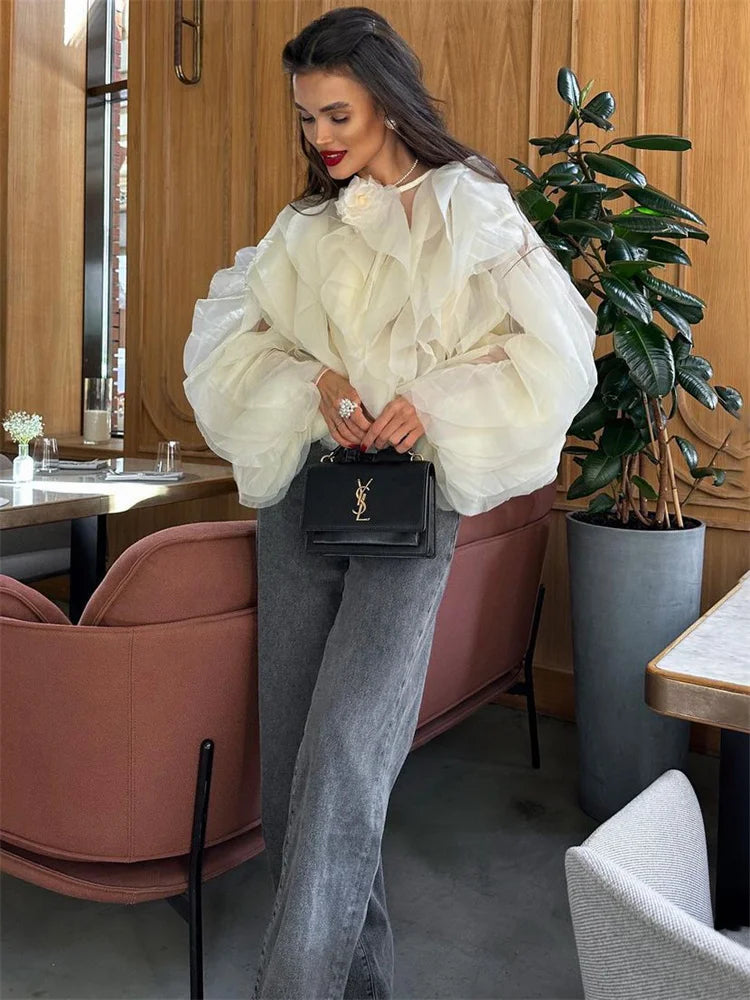 Patchwork Ruffled White Shirts for High Waist Long Sleeve Blouse Top