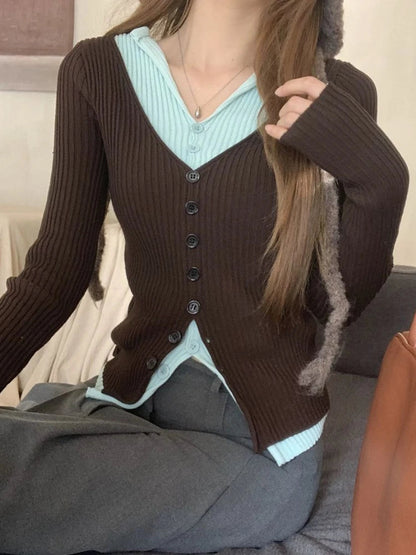 Y2k Brown and Mint Green Fake Two Pieces Knitwear Slim Button Up Cardigan Autumn Winter Ribbed Sweater Korean