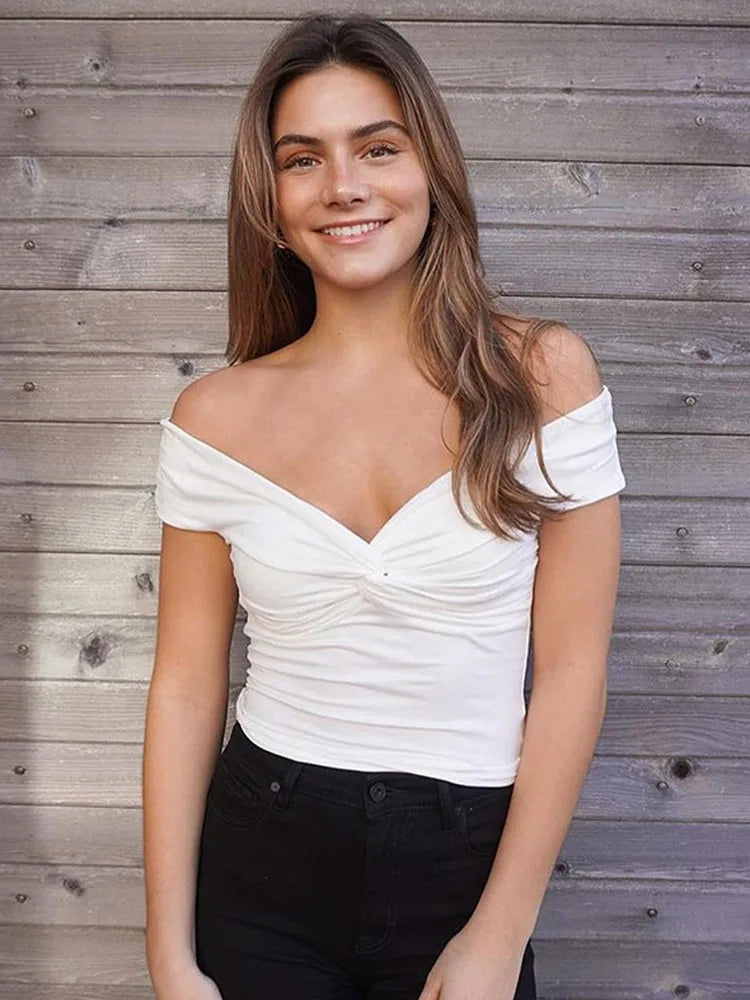 Off Shoulder Smocked T-shirt Top ’s Sleeveless Color Slim Fit Boat Neck Pullover T-shirt Top