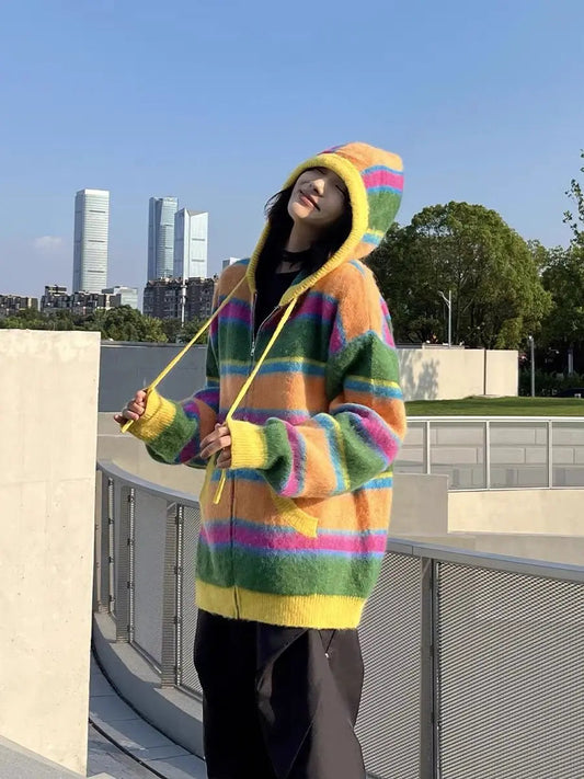 Retro Rainbow Striped Knitted Sweater Cardigan Color Blocked Versatile Autumn Winter Hooded Jacket