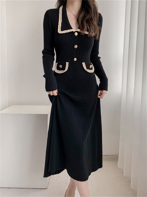 Female Long Dress Pocket Knitwear Ribbed Patchwork High Waist Commute Slim Party Dress Autumn Knit Dress